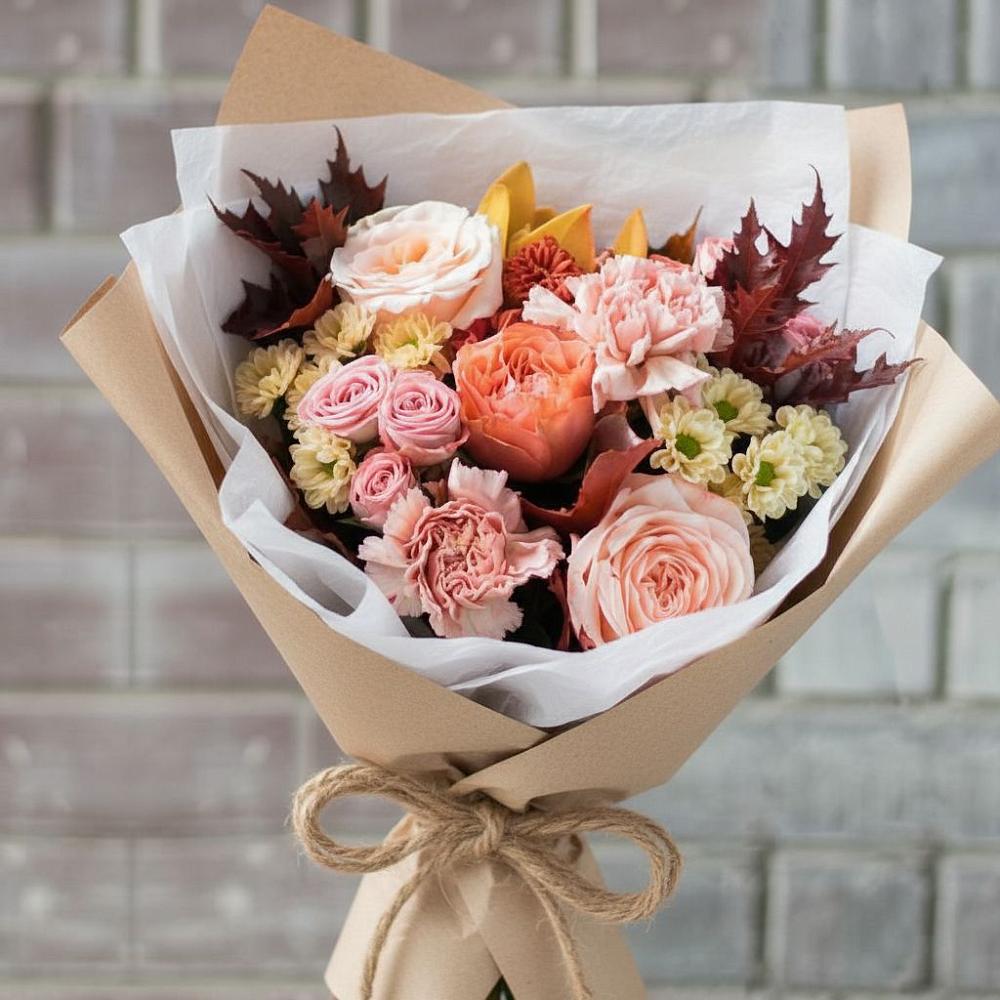 Букет цветов из: Гвоздики, Хризантемы и Розы в Осе