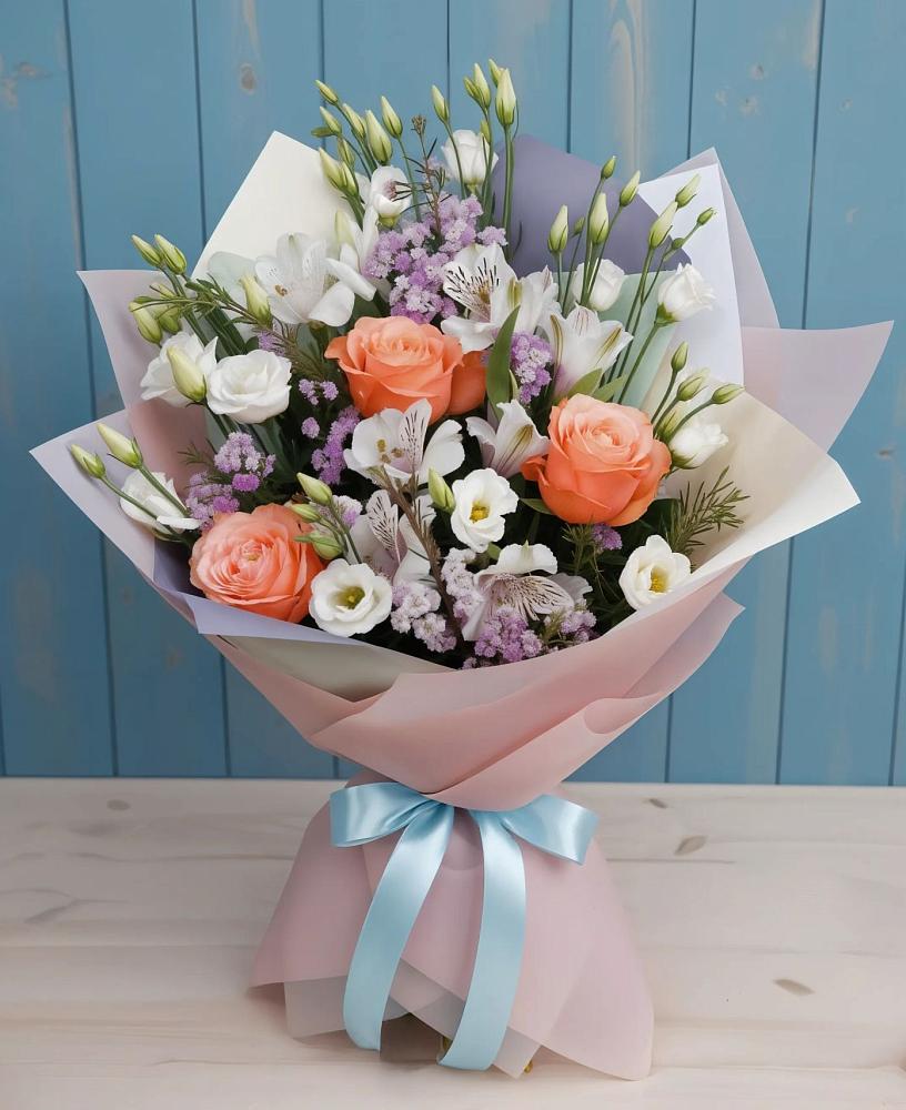 Букет цветов из: Лизиантусы, Розы, Альстромерии и Гипсофила в Осе