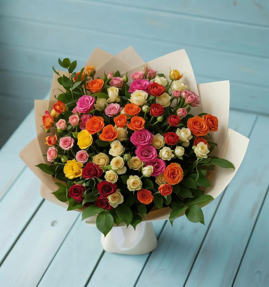 Букет Микс из разноцветных кустовых роз в Осе