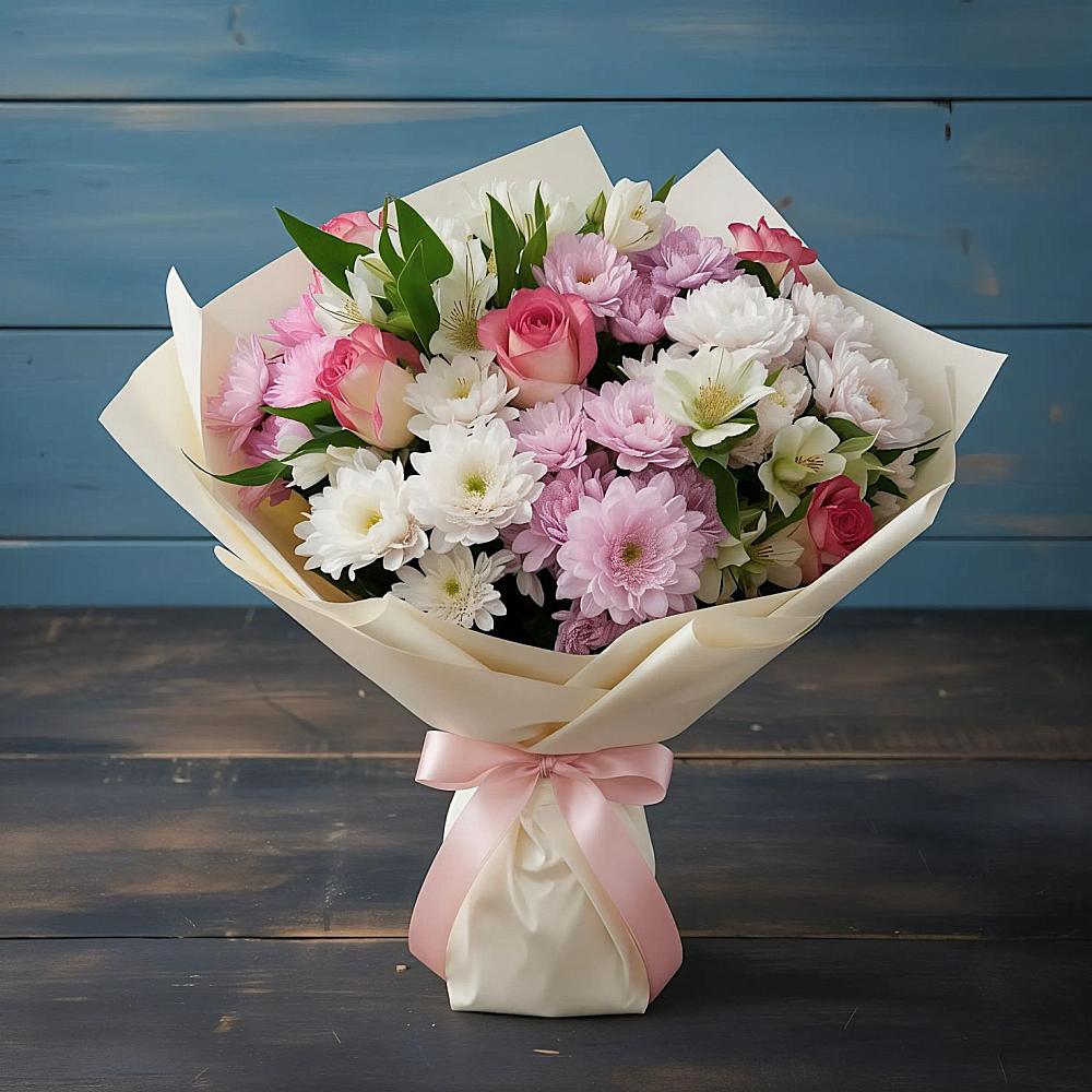 Букет цветов из: Хризантемы, Альстромерии и Розы в Осе